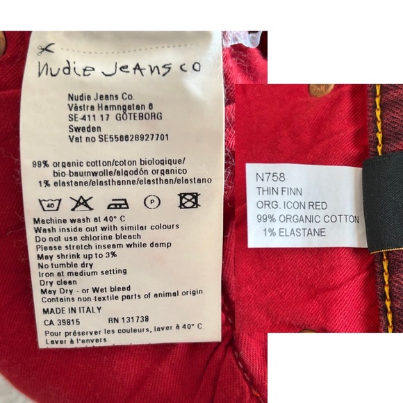 Nudie Jeans Thin Finn Organic Cotton Slim Fit Icon Red Waist Size 31 Unisex - Picture 11 of 15